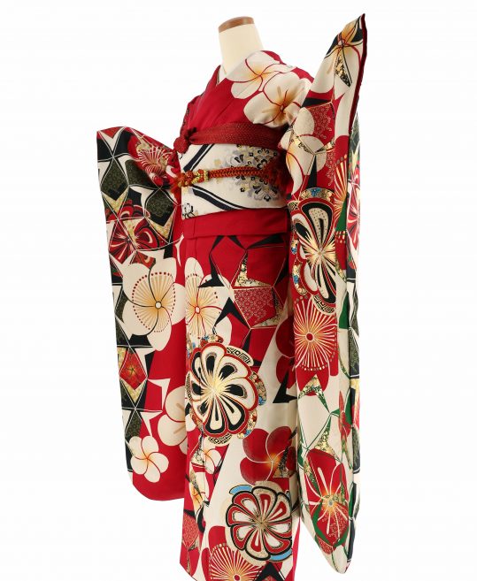 成人式振袖[NICOLE]赤にクリームのねじり梅[身長172cmまで]No.1097